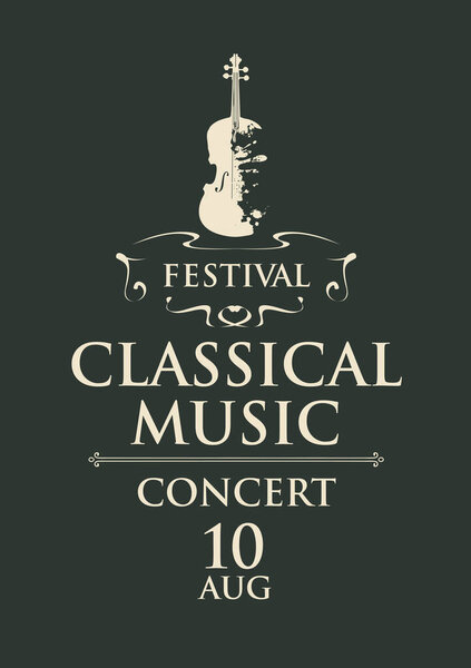 Poster of a classical music concert. Vector banner, flyer, invitation, ticket or advertising banner with abstract violin in the form of bright spots of paint