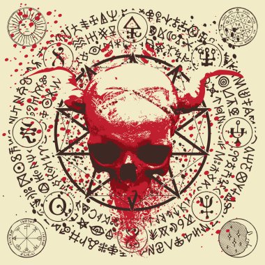 Boynuzlu, kan lekeli, pentagram, okült ve cadılık işaretleri olan insanların vektör çizimi grunge tarzında. Satanizmin sembolü Baphomet ve daire şeklinde yazılmış sihirli rünler.