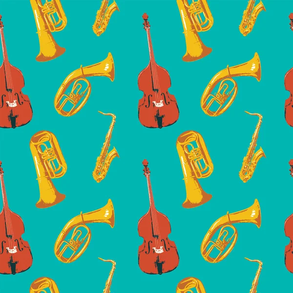 Naadloos Achtergrondpatroon Met Verschillende Blaasinstrumenten Snaarinstrumenten Rond Het Thema Jazzmuziek — Stockvector