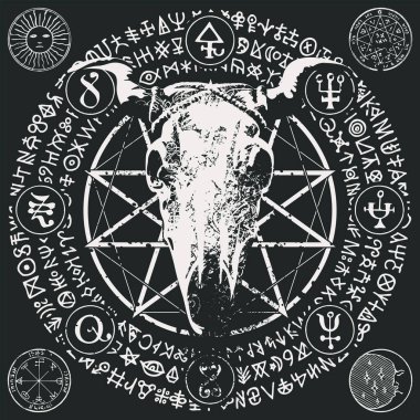 Boynuzlu inek ya da boğa kafatasına sahip vektör çizimi, pentagram, okült ve cadılık işaretleri. Satanizmin sembolü Baphomet ve daire şeklinde yazılmış sihirli rünler. siyah lekeler ve sıçramalar