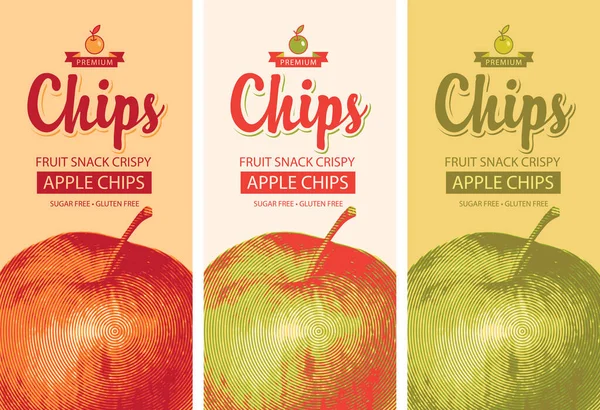 Set Vector Etiqueta Embalaje Para Chips Manzana Con Dibujo Realista — Archivo Imágenes Vectoriales