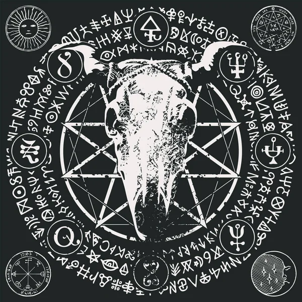Ilustración Vectorial Con Cráneo Vaca Toro Pentagrama Signos Ocultistas Brujería — Archivo Imágenes Vectoriales