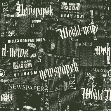 Gazete metninin kaotik katmanlı, soyut, pürüzsüz şablonu, ışık arkaplan manşetleri. Grunge tarzında yaratıcı vektör arkaplanı. Duvar kağıdı, ambalaj kağıdı veya kumaş tasarımı