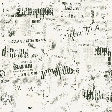 Abstract seamless pattern with chaotic layering of newspaper text, illustrations, headlines on a light backdrop. Creative vector background in grunge style. Wallpaper, wrapping paper or fabric design clipart