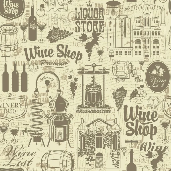 Seamless Pattern Theme Wine Wine Shops Wine Making Drawings Inscriptions — Stock Vector