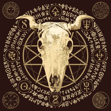 Boynuzlu inek ya da boğa kafatasına sahip vektör çizimi, pentagram, okült ve cadılık işaretleri. Satanizmin sembolü Baphomet ve daire şeklinde yazılmış sihirli rünler. siyah lekeler ve sıçramalar