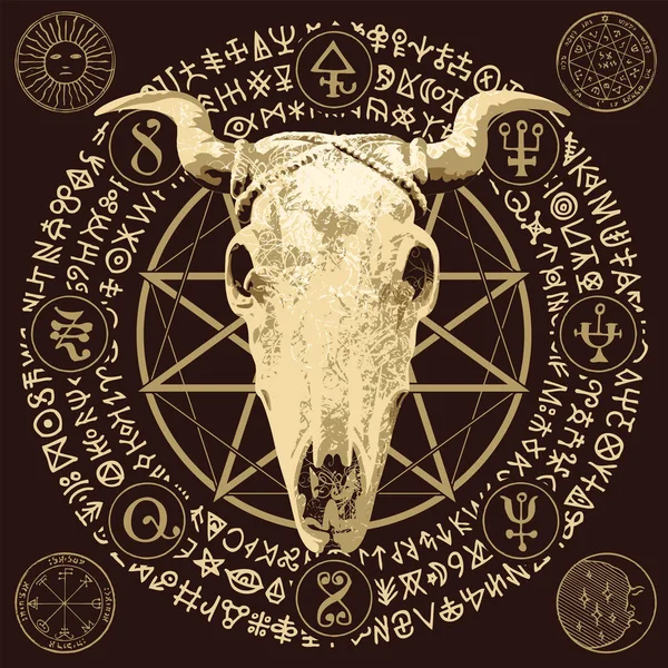 Vector Illustration Horned Cow Bull Skull Pentagram Occult Witchcraft Signs — Stock Vector
