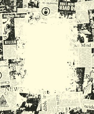 Karmaşık bir gazete metni katmanı, illüstrasyonlar, manşetler ve hafif arkaplan üzerine bir yazı için bir yer içeren soyut çerçeve arkaplanı. Grunge biçiminde yaratıcı vektör arkaplanı.