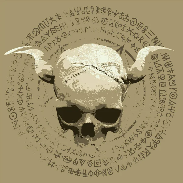 Vector Illustration People Skull Horns Pentagram Occult Witchcraft Signs Grunge — Stock Vector