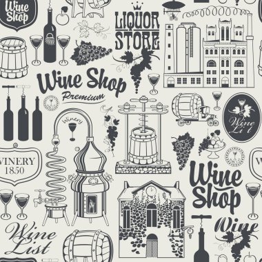 Şarap dükkanları, şarap dükkanları ve şarap yapımında eski bir kağıtta eski usul çizimler ve yazıtlar var. Duvar kağıdı, ambalaj kağıdı, tekstil, kumaş için uygun