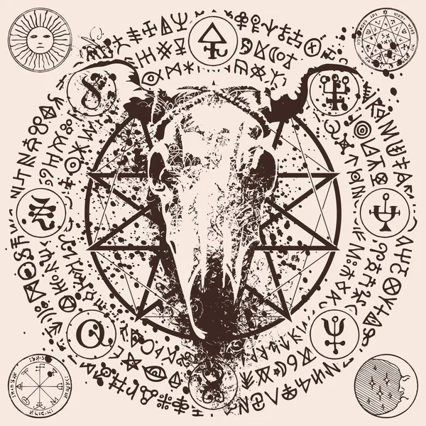 Vector Illustration Horned Cow Bull Skull Pentagram Occult Witchcraft Signs — Stock Vector