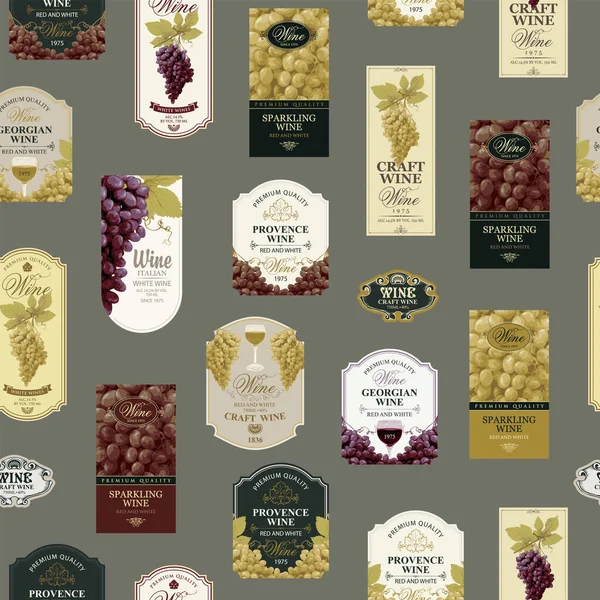 PrintSeamless pattern with ornate wine labels in retro style. Repeating vector background on the theme of wine and wineries. Suitable for vintage Wallpaper, wrapping paper, fabric
