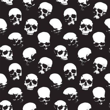 İnsan kafatasları ile kusursuz desen. Geriye dönük gülümseyen kafatasları olan uğursuz bir arka plan. Giysiler, kumaş, duvar kağıdı, ambalaj kağıdı için grafiksel baskı