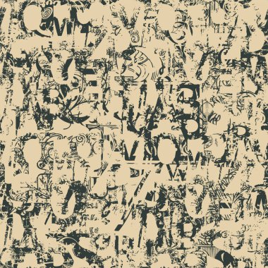 Seamless pattern with alphabet letters in form of black and white paint splashes and blots. Abstract vector background with latin letters. Suitable for wallpaper, wrapping paper or fabric