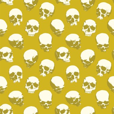 İnsan kafatasları ile kusursuz desen. Geriye dönük gülümseyen kafatasları olan uğursuz bir arka plan. Giysiler, kumaş, duvar kağıdı, ambalaj kağıdı için grafiksel baskı