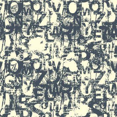 Alfabe harfleri siyah beyaz boya lekeleri, lekeler ve el yazısıyla yazılmış ipsum metinlerle kusursuz desen. Latince harflerle soyut vektör arkaplanı. Duvar kağıdı ve ambalaj kağıdı için uygun