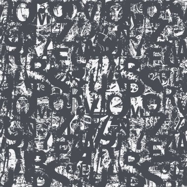 Alfabe harfleri siyah beyaz boya lekeleri, lekeler ve el yazısıyla yazılmış ipsum metinlerle kusursuz desen. Latince harflerle soyut vektör arkaplanı. Duvar kağıdı ve ambalaj kağıdı için uygun