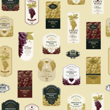 Eski tarz süslü şarap etiketleriyle kusursuz bir desen. Şarap ve şarap teması için vektör arkaplanı tekrarlanıyor. Eski duvar kağıdı, ambalaj kağıdı, kumaş için uygun.