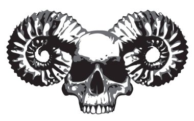 Boynuzları grunge tarzında olan insan kafatasıyla vektör çizimi. Satanizmin sembolü Baphomet