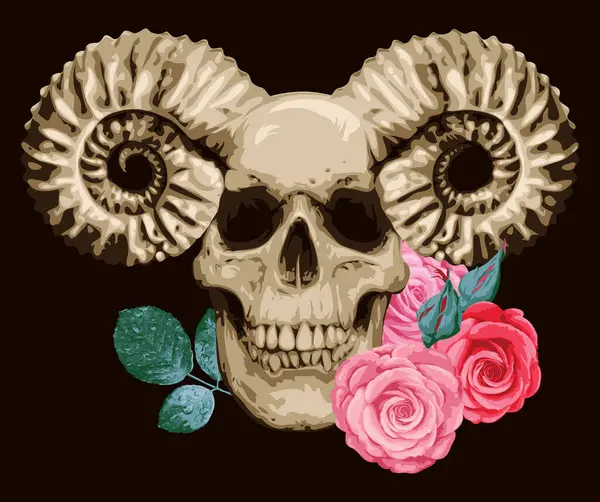 Human Skull Ram Horns Rose Flowers Symbol Satanism Baphomet — Stock Vector