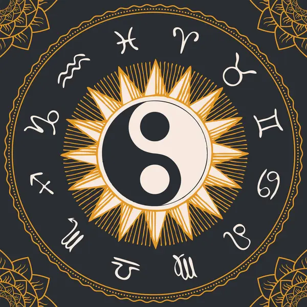 Vektorkreis Der Tierkreiszeichen Mit Handgezeichnetem Yin Yang Orientalischem Symbol Retro — Stockvektor