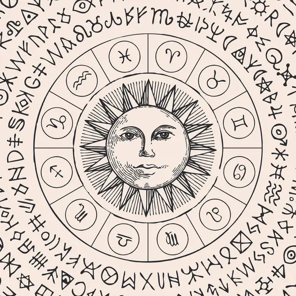 Vektorillustration Der Tierkreiszeichen Retro Stil Mit Sonne Und Magischen Runen — Stockvektor