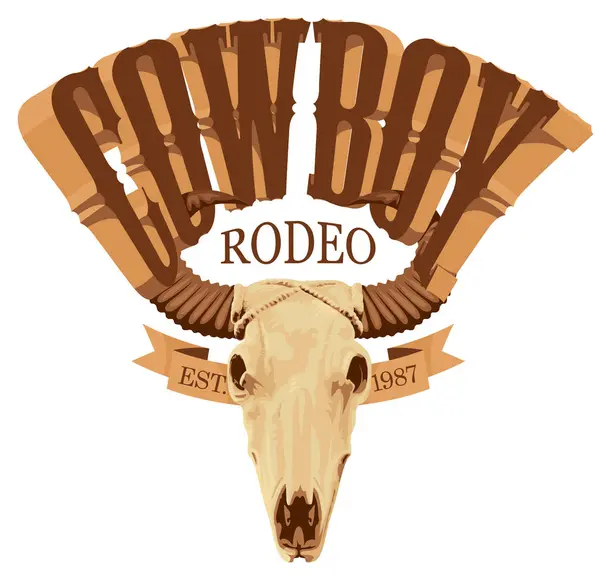 카우보이 로데오 상징이야 황소의 두개골 역본에 글자를 장식적 삽화가 현수막 로열티 프리 스톡 일러스트레이션