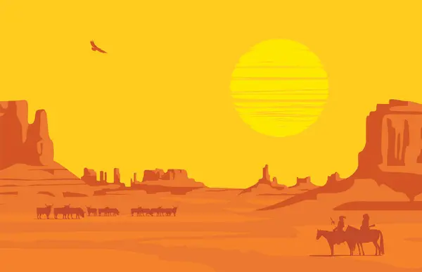Vektorwestliche Landschaft Bei Orangefarbenem Sonnenuntergang Mit Silhouetten Von Indianern Pferd — Stockvektor