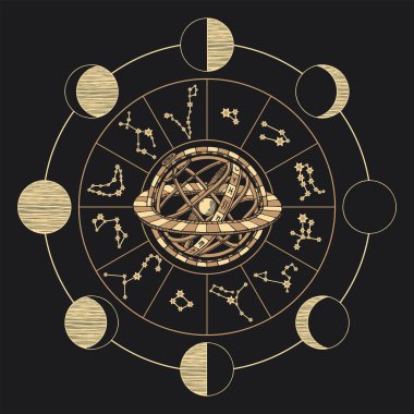Zodiac 'ın vektör çemberi siyah arkaplanda takımyıldızları, ay evreleri ve Batlamyus Jeomerkezli Sistemle işaretleşir. Astrolojik bir tema üzerine klasik tarzda elle çizilmiş illüstrasyon