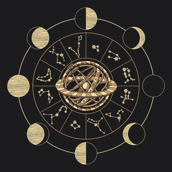 Vektorkreis Der Tierkreiszeichen Mit Sternbildern Mondphasen Und Ptolemäischem Geozentrischen System — Stockvektor