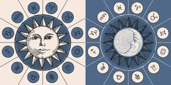 Set Vektor Cirkel Zodiac Tecken Retrostil Med Ikoner Dekorerad Med Stockillustration