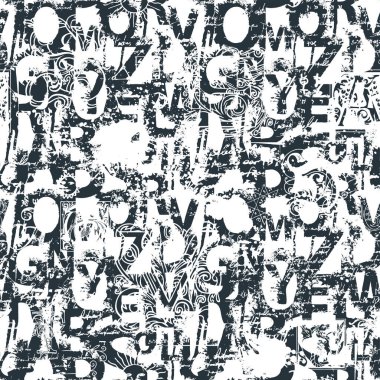 Alfabe harflerinin siyah ve beyaz boya sıçramaları, lekeler ve el yazısıyla yazılmış metinlerle kusursuz desen. Latince harflerle soyut vektör arkaplanı. Duvar kağıdı ve ambalaj kağıdı için uygun