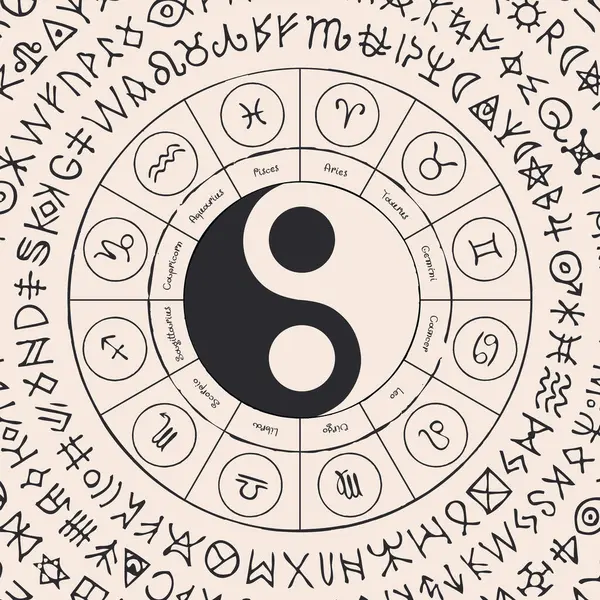 Vektor Cirkel Zodiac Tecken Med Handritade Yin Yang Orientalisk Symbol Stockillustration