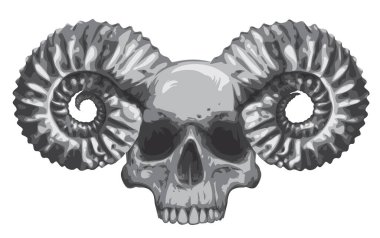 Boynuzları grunge tarzında olan insan kafatasıyla vektör çizimi. Satanizmin sembolü Baphomet