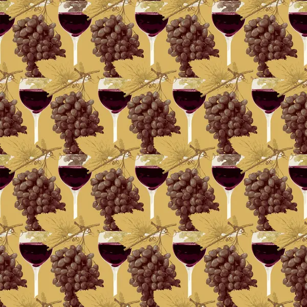 Naadloos Patroon Met Realistische Trossen Druiven Glazen Rode Wijn Gouden — Stockvector