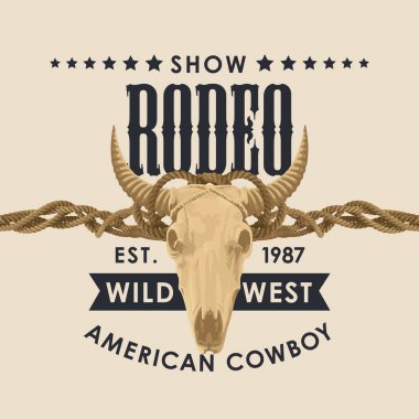 Cowboy Rodeo gösterisi için pankart. Boğa kafatasıyla vektör illüstrasyonu ve eski tarzda harfler. Poster, etiket, broşür, davetiye, tişört tasarımı için uygun