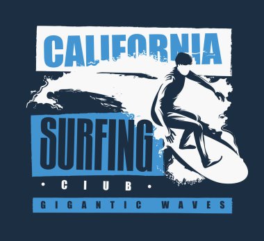 California Sörf Kulübü 'nün posteri. Denizdeki dalgalarda sörf yapan bir sörfçünün siyah beyaz çizimi.