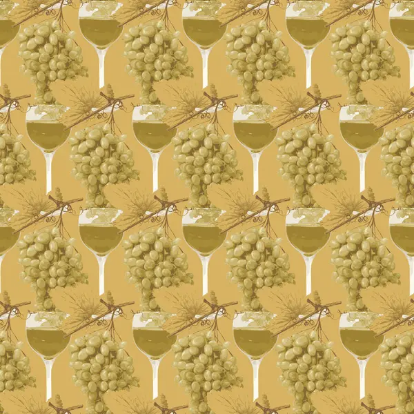 Naadloos Patroon Met Realistische Trossen Druiven Glazen Witte Wijn Gouden Vectorbeelden