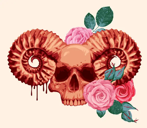 Human Skull Ram Horns Rose Flowers — Stock Vector