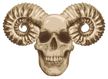 Boynuzları grunge tarzında olan insan kafatasıyla vektör çizimi. Satanizmin sembolü Baphomet