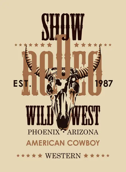 Banner Til Cowboy Rodeo Show Vektorillustration Med Kranium Tyr Bogstaver vektorgrafik