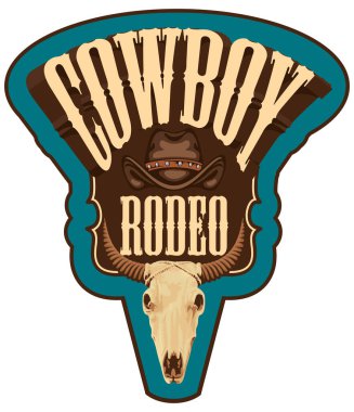 Kovboy Rodeosu için vektör logosu. Eski moda kovboy şapkası ve boğa kafatasıyla dekoratif illüstrasyon. Pankart, logo, simge, davetiye, el ilanı, etiket, dövme, tişört tasarımı için uygun