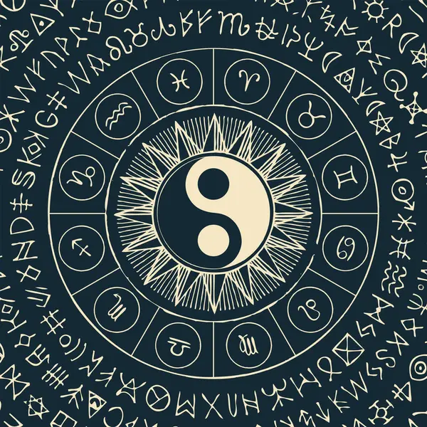 黄道带星座的矢量圈 手绘阴阳东方符号 带星座符号的复古旗帜 用于占星术预测 在圆圈中书写的魔法符咒 矢量图形