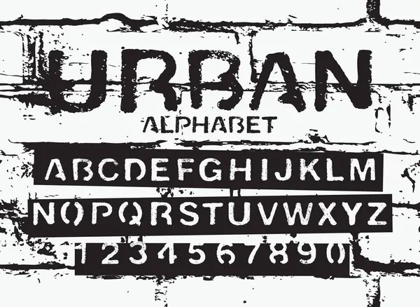 拉丁字母的一组字母和数字 字体城市模板 带有灰泥风格 砖墙背景 免版税图库矢量图片