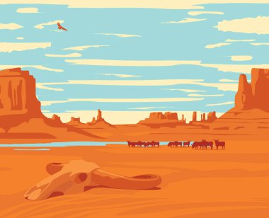 Vector Western landscape with silhouette herd bull and bull skull and river at the wild American prairies. Decorative illustration, Wild West vintage background clipart
