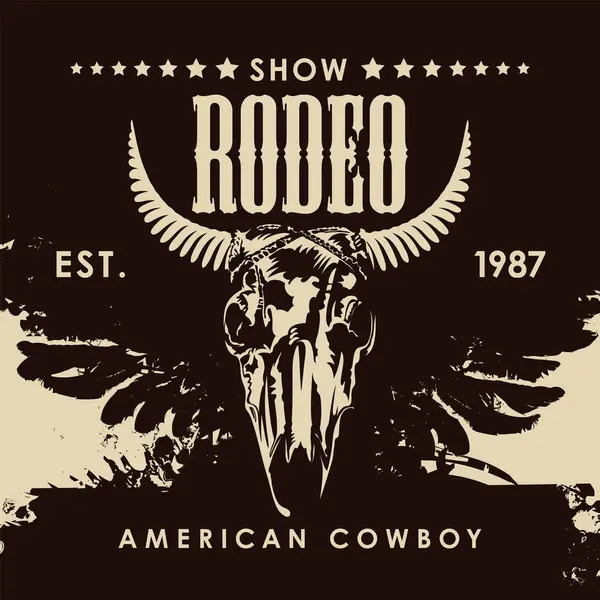 Баннер Шоу Cowboy Rodeo Стиле Ретро Векторная Иллюстрация Черепом Быка Векторная Графика