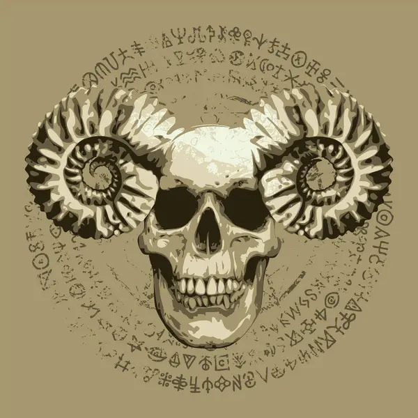Illustration Vectorielle Avec Crâne Humain Avec Cornes Bélier Pentagramme Signes Illustration De Stock