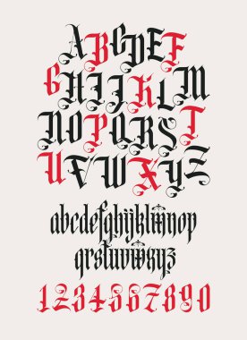 Gotik yazı tipi. Tam sermaye seti, küçük harfler ve İngiliz alfabesinin klasik tarzda numaraları. Ortaçağ Latince harfleri. Vektör kaligrafi ve harfler. Dövme, etiket, logo için uygun
