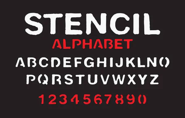 라틴어 알파벳의 문자와 숫자의 집합입니다 배경에 흰색과 빨간색 페인트 스텐실 로열티 프리 스톡 일러스트레이션