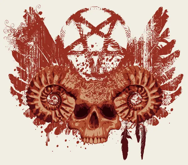 Vector Illustration Occult People Skull Horns Birds Wings Pentagram Grunge Vector Graphics